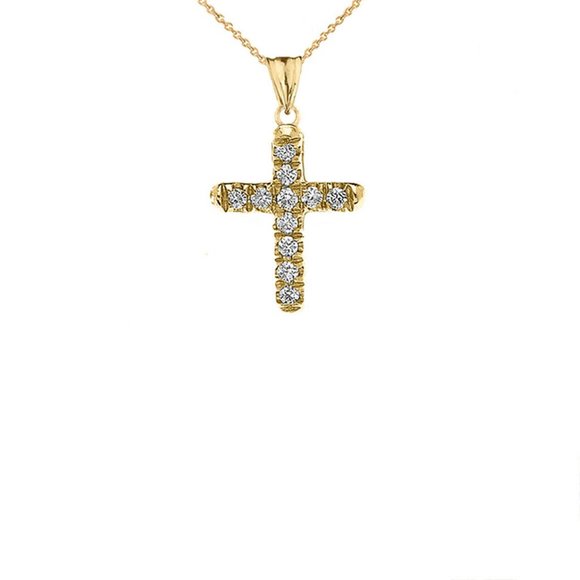 14k Solid Gold Mini Diamond Cross Pendant - Picture 2 of 10